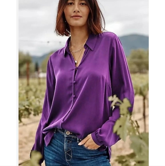 J. Jill Soft Luxe Button Front Shirt Purple Gem Size Small - Picture 1 of 7